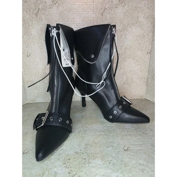 A New Day Mickey Boots Women Sz 10 Pointed Toe Ankle Moto Kitten Heels Black NWT - Picture 2 of 10